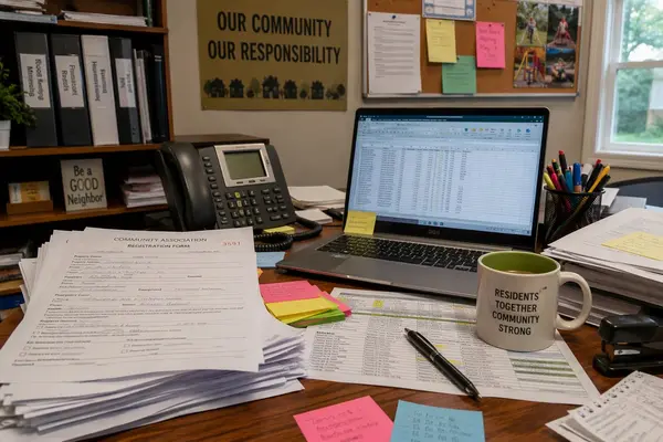 Le bureau d'une secrétaire bénévole couvert de formulaires papier, de notes repositionnables et d'un tableur