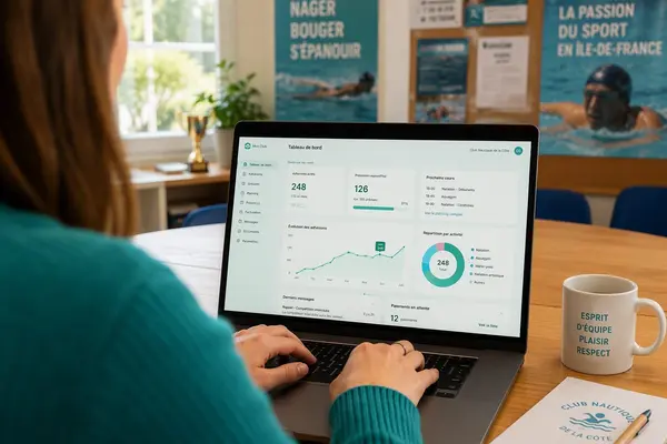 Une responsable d'association utilise le portail 42asso sur son ordinateur portable